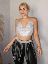 2pcs Women Summer Sexy Rhinestone Backless Halter Top And Fringed Mini Skirt Set